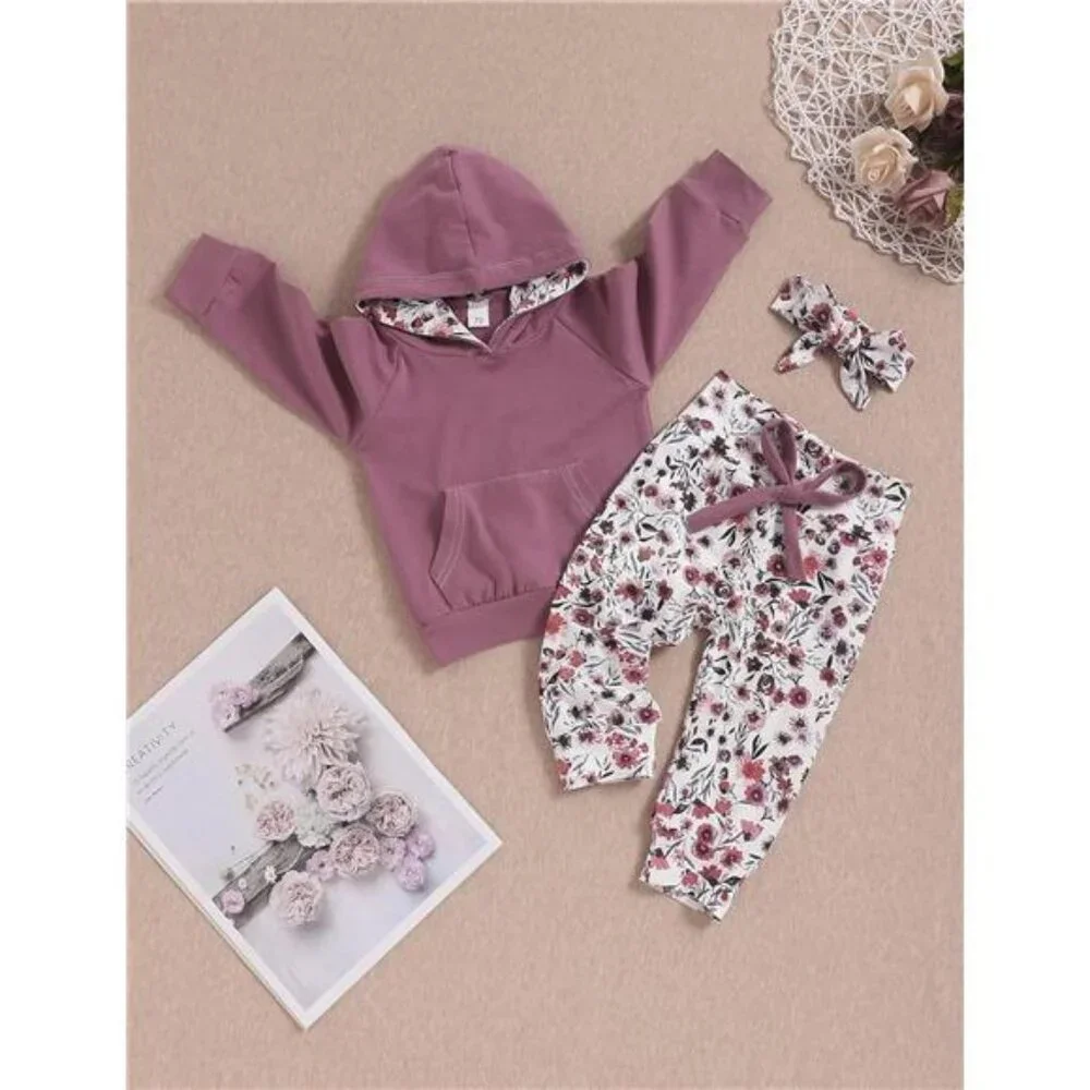 Baby Girl Fall Hoodie Tops Floral Pant with‎ Cute Headband Baby Girl Dresses
